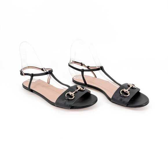 Gucci T-Strap Black Leather Horsebit Flat Sandals Shoes Size 37 US 7 Women's - Picture 1 of 13